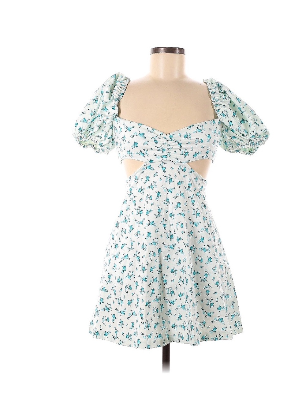 Zara White Dress with Teal Floral Print and Puff Sleeves
